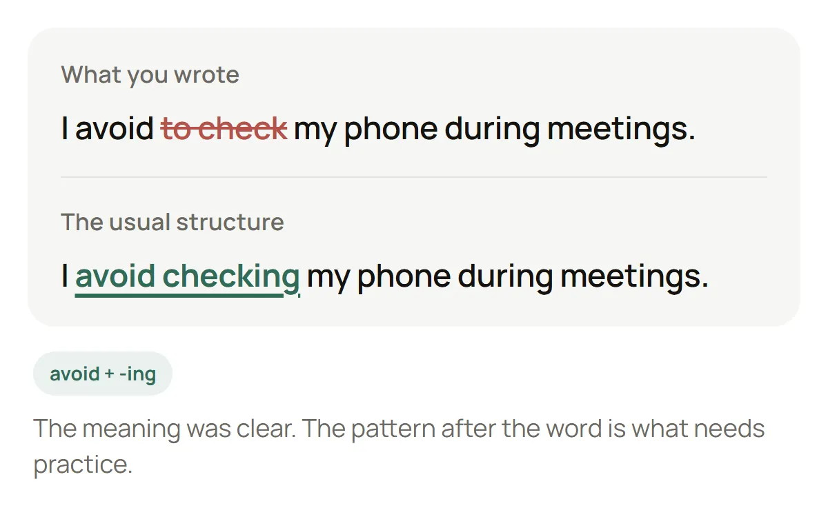 A learner’s sentence “I avoid to check my phone during meetings” with “to check” crossed out, and below it the usual structure “I avoid checking my phone during meetings.”